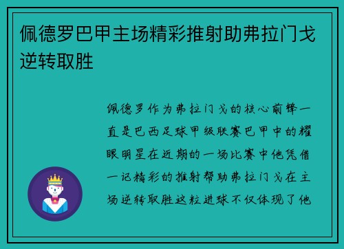 佩德罗巴甲主场精彩推射助弗拉门戈逆转取胜